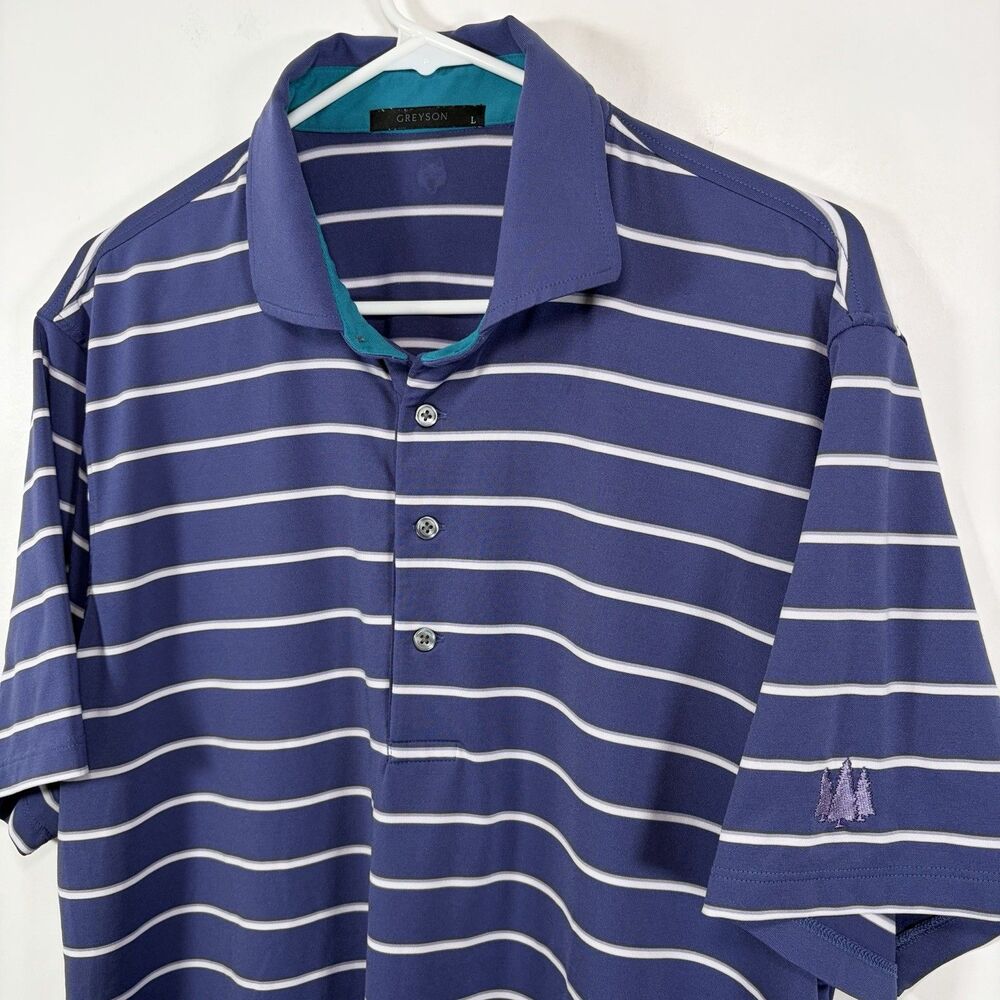 Greyson Golf Polo Shirt Mens Size Large Blue Striped Performance Cutaway Collar